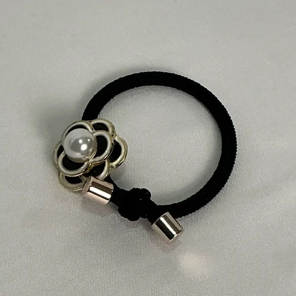 Camellia Flower Black Hair Tie with Gold Flower and Pearl Accent